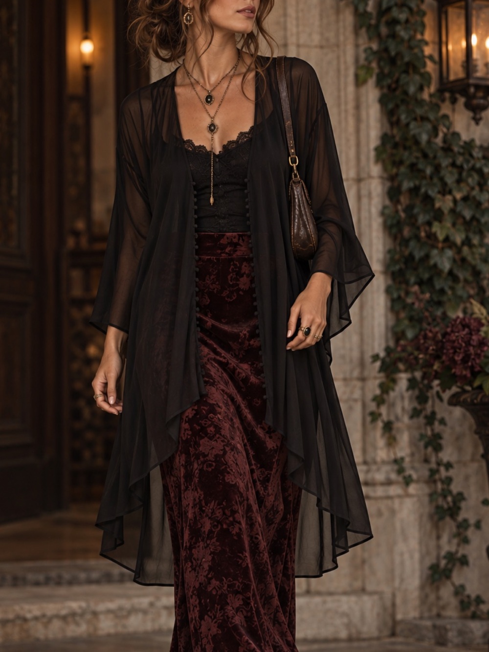 Anthropologie Kimchi Blue Sheer Black Chiffon Draped Kimono Robe